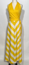 1970s Butte Knit Yellow & White Chevron Striped Maxi Halter Dress