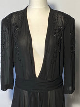 Late 1930s Shear Black Beaded Overlay VNeck Front Tie Back Sz 44