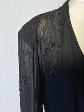 Late 1930s Shear Black Beaded Overlay VNeck Front Tie Back Sz 44