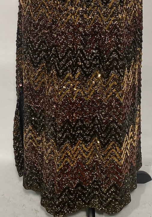 1970s Fully Sequined High Neck Chevron Maxi Dress 1970s Fully Sequined High Neck Chevron Maxi Dress
