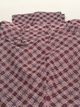 1970s Geometric Plaid Pattern Maroon Baby Blue Polyester Flare Pant 35x32