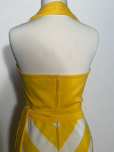 1970s Butte Knit Yellow & White Chevron Striped Maxi Halter Dress