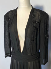 Late 1930s Shear Black Beaded Overlay VNeck Front Tie Back Sz 44