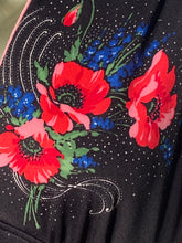 Late 1970s Poppy Flower Belt Back Puffed Sleeve Dress