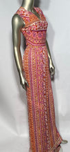 1970s Patterned Floral Pink Yellow and Melon Colored Maxi Dress