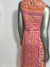 1970s Patterned Floral Pink Yellow and Melon Colored Maxi Dress
