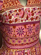 1970s Patterned Floral Pink Yellow and Melon Colored Maxi Dress