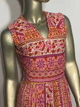 1970s Patterned Floral Pink Yellow and Melon Colored Maxi Dress