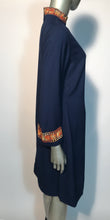 Vintage 1970s Navy Hand Embroidered Shift Naru Style Bell Sleeve