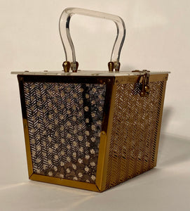 1950s Dorset Rex Square Box Metal Lace Lucite Confetti Glitter Purse Wedding Bag