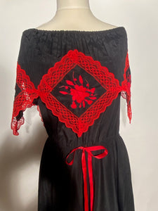 1970s XL Black Red Lace Handkerchief Dress