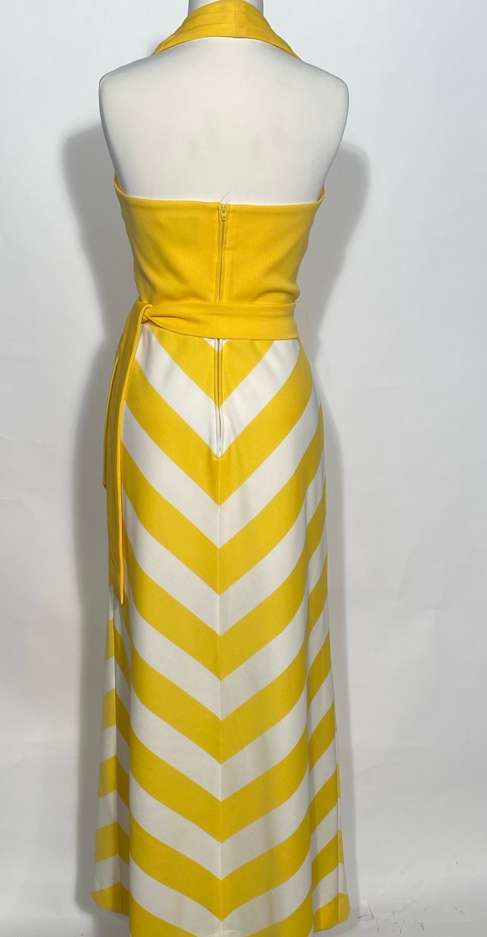 1970s Butte Knit Yellow & White Chevron Striped Maxi Halter Dress 1970s Butte Knit Yellow & White Chevron Striped Maxi Halter Dress
