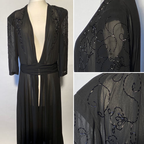 Late 1930s Shear Black Beaded Overlay VNeck Front Tie Back Sz 44