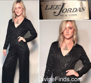 1970s Black Sequin Belted Bell Bottom Jumpsuit By Lee Jordan