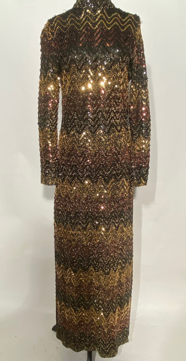1970s Fully Sequined High Neck Chevron Maxi Dress