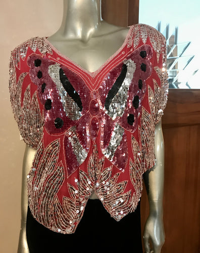 Disco Red Silk Sequin Butterfly Top