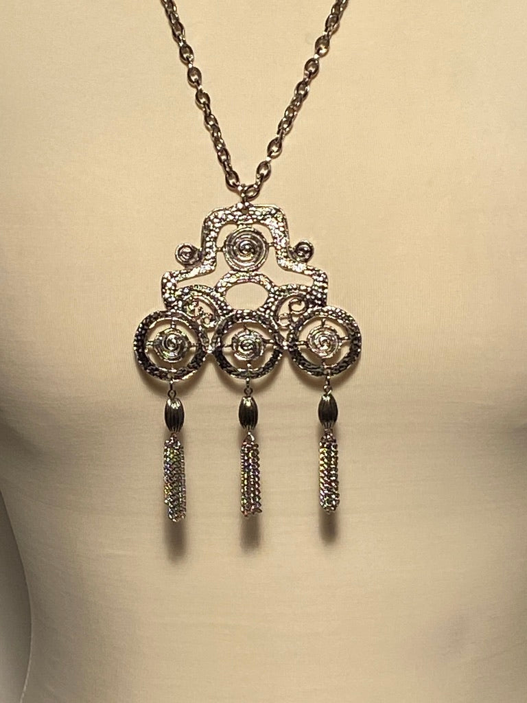 Silver Colored Aztec Design Tassel Necklace