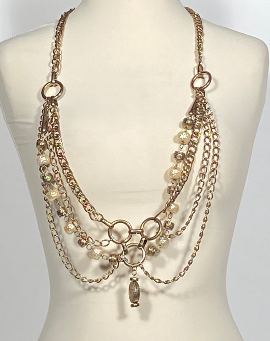 Heavy Goldtone & Pearl Colored Embossed Spacers 4 Layered Chain Belt