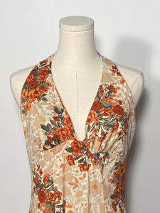1970s Floral 2 Piece Halter Maxi Dress With Tie Front Bolero