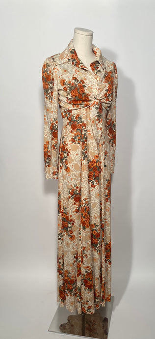 1970s Floral 2 Piece Halter Maxi Dress With Tie Front Bolero
