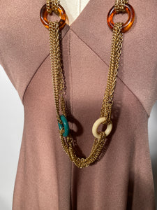 Multi Strand Circular Colored Accent Triple Chain Long Necklace