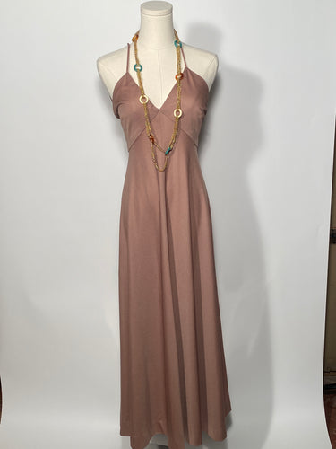 1970s Sand Brown Maxi Dress Double Strap Criss Cross Back