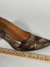 1950s Gold Earthtone Browns Floral Metallic Woven DeLiso Debs Designed by Paulter Heels Sz 5.5
