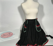 1940s Scalloped Ruffled Bottom Black Apron With Red, Green Trim