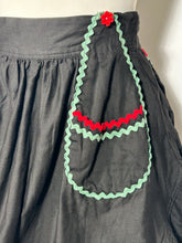 1940s Scalloped Ruffled Bottom Black Apron With Red, Green Trim
