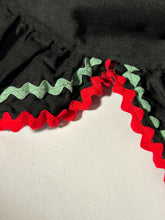 1940s Scalloped Ruffled Bottom Black Apron With Red, Green Trim