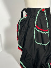 1940s Scalloped Ruffled Bottom Black Apron With Red, Green Trim