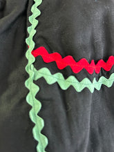 1940s Scalloped Ruffled Bottom Black Apron With Red, Green Trim