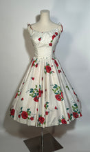 Early 1960s Cotton Full Circle Skirt Rose Floral Spaghetti Strap Dress