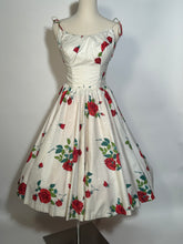 Early 1960s Cotton Full Circle Skirt Rose Floral Spaghetti Strap Dress