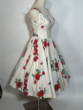 Early 1960s Cotton Full Circle Skirt Rose Floral Spaghetti Strap Dress