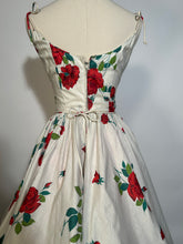Early 1960s Cotton Full Circle Skirt Rose Floral Spaghetti Strap Dress