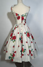 Early 1960s Cotton Full Circle Skirt Rose Floral Spaghetti Strap Dress
