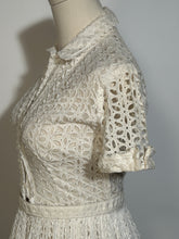 1950s Cotton Full Circle White Lace Eyelet Shirt Day Dress