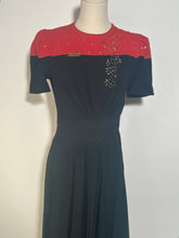 1940s Hollywood Glam Gown Red Black Rayon Crepe Beaded Bodice By New York Creations