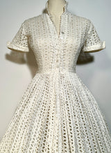 1950s Cotton Full Circle White Lace Eyelet Shirt Day Dress