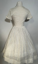 1950s Cotton Full Circle White Lace Eyelet Shirt Day Dress