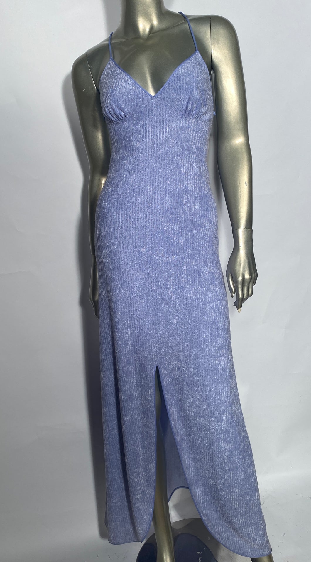 1970s Purple Criss Cross Back Slit Front  Ribbed Terrycloth Maxi Dress