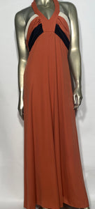 Tri Colored 1970s Halter V Neck Maxi Dress