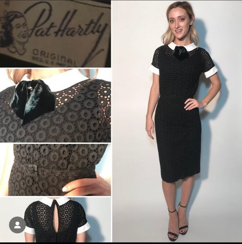 Pat Hartly 1950s Belted Peter Pan Collar Eyelet Dress Velvet Bow Front