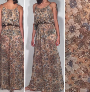 1970s Earth Tone Floral Shear Maxi Dress Spaghetti Strap Size S