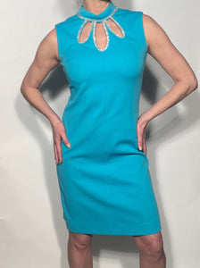 Blue Polyester Jeweled Cut Out Neckline Dress