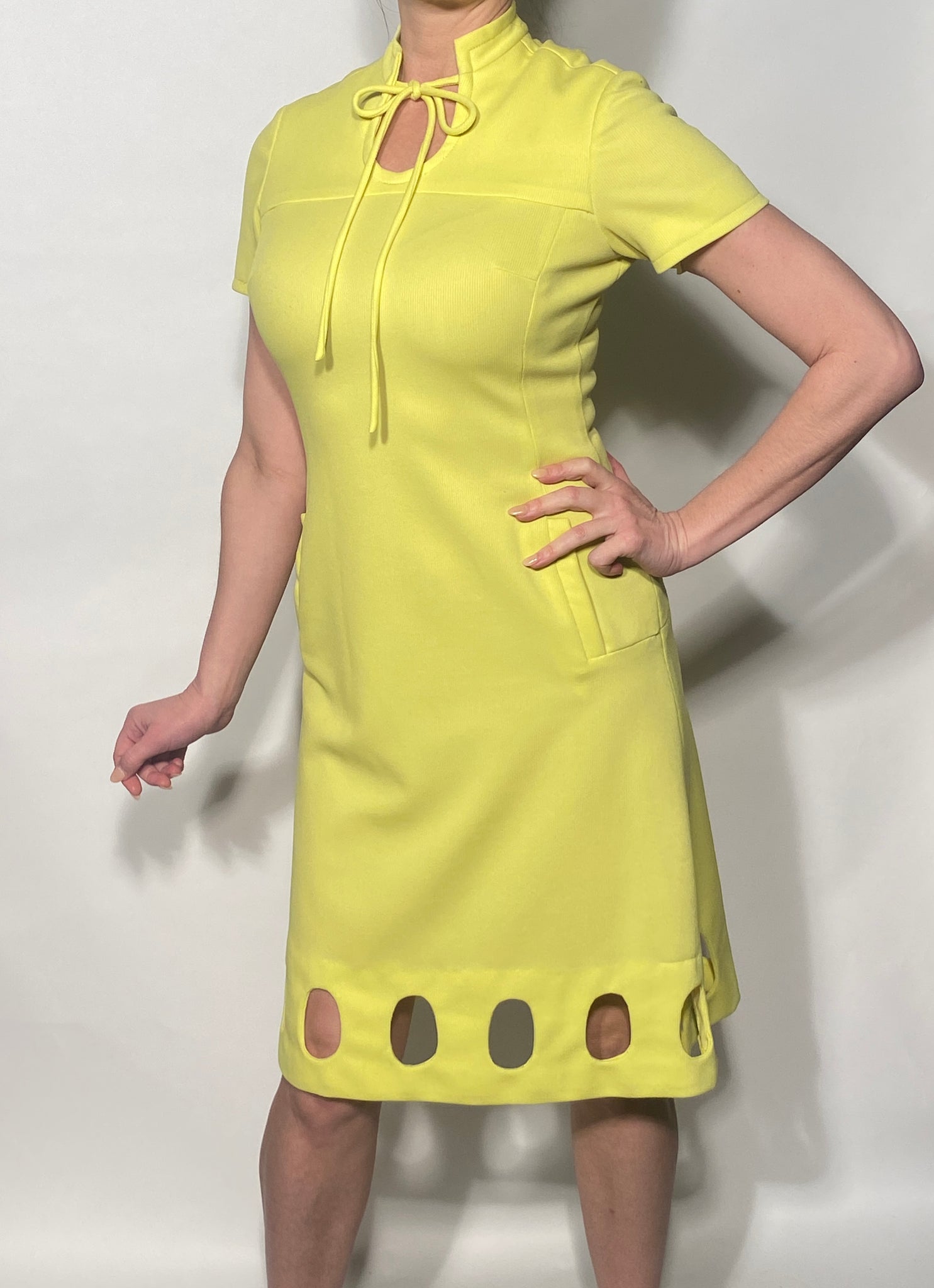 prix workshop cut out dress 1980s Pierre Lucee ́ Yellow Cut Out Dress At Bottom Hem
