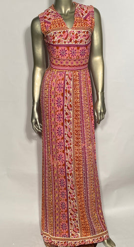 1970s Patterned Floral Pink Yellow and Melon Colored Maxi Dress