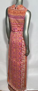 1970s Patterned Floral Pink Yellow and Melon Colored Maxi Dress