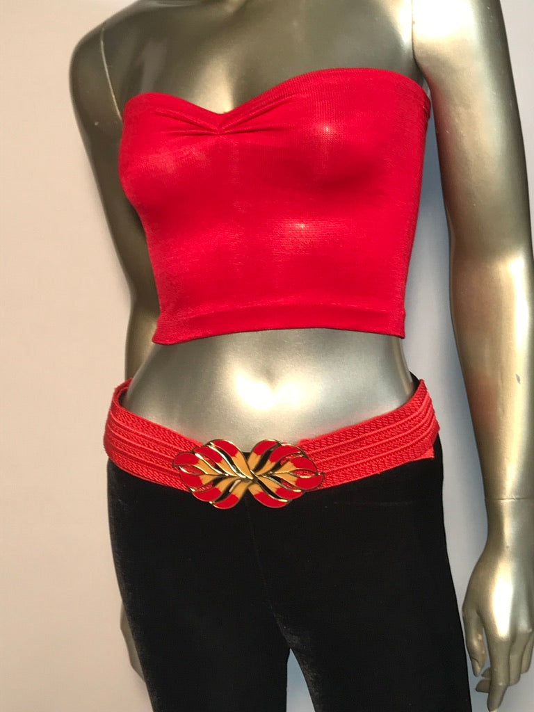 1970s - 1980s Red Elastic Belt Adjustable Wide Band Enamel Flame Buckle